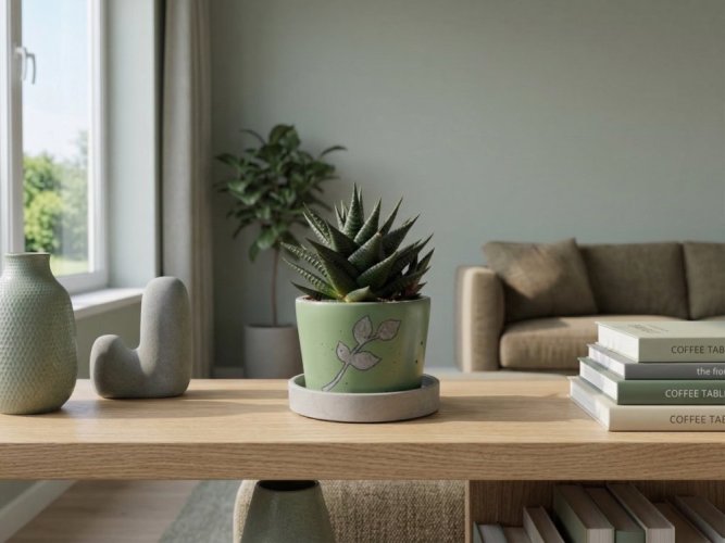 Betonový květináč s miskou  VENI PURE 11 cm - malovaný list